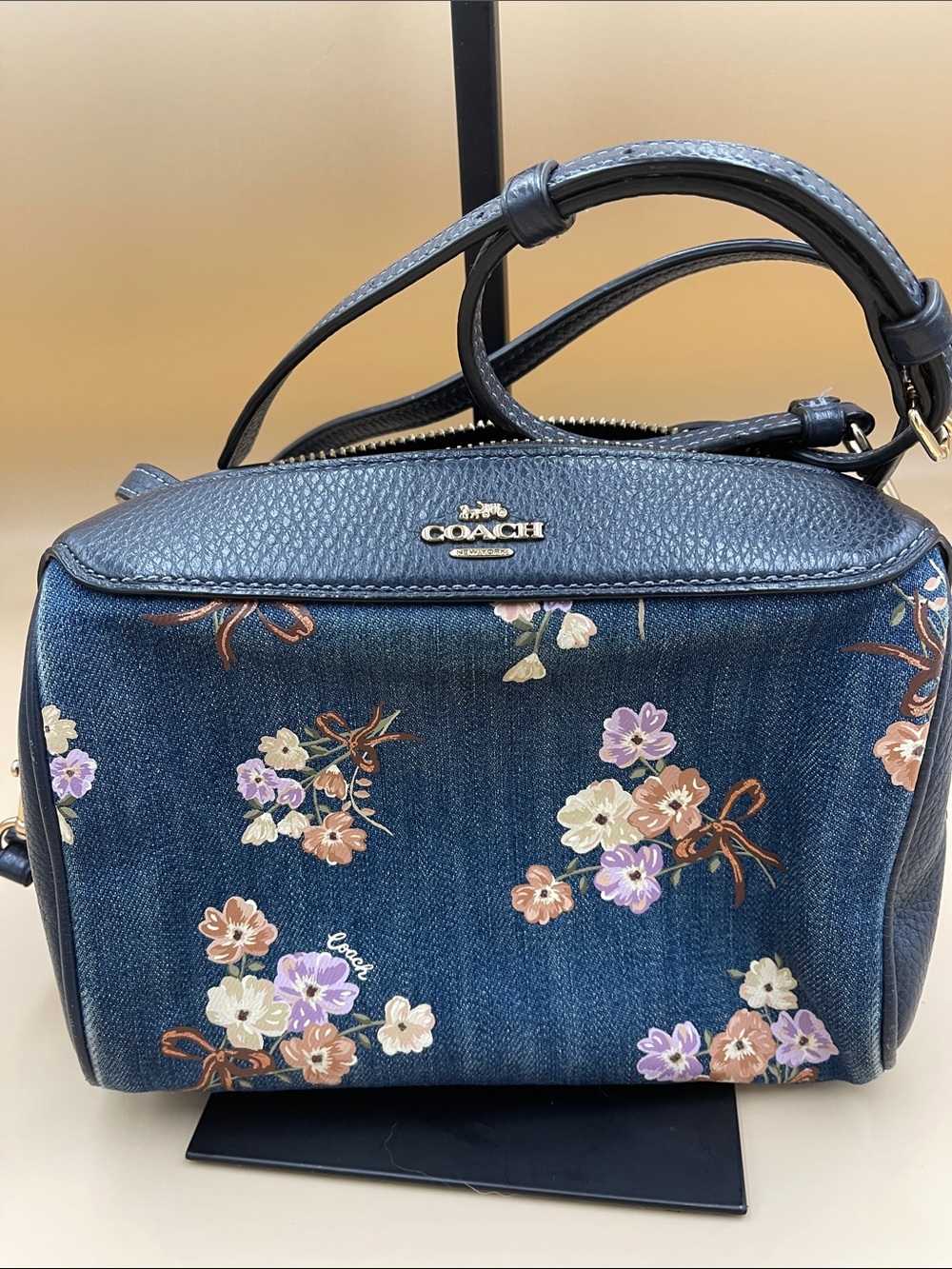 Coach Sierra Mini Satchel in Navy Floral Denim Crossbody with Dark Leather Trim